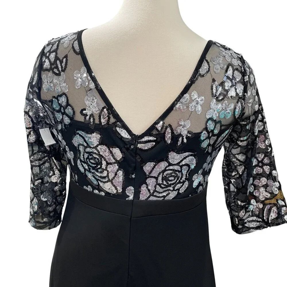 Rosegal 2XL Plus Size Black Silver Sequin Floral Mesh Maxi Evening Formal Dress - Picture 5 of 8